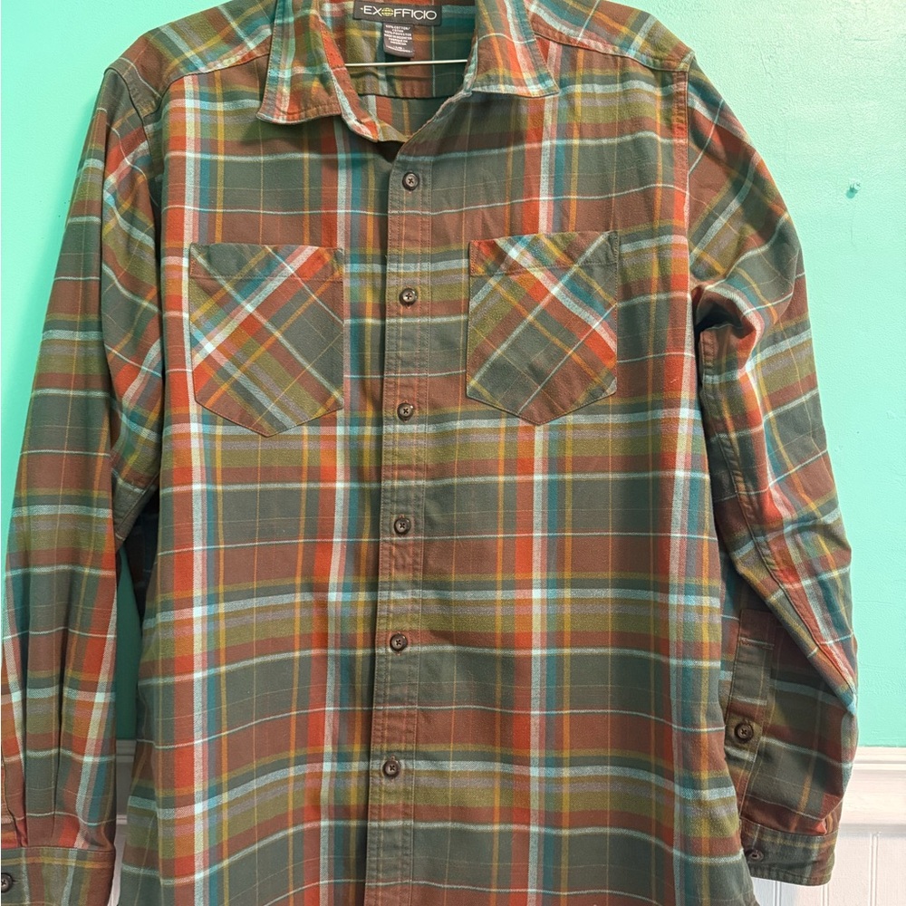 Exofficio Men's Plaid Button Down Shirt - Green and Orange